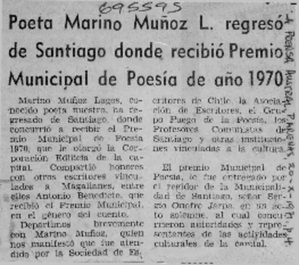 Poeta Marino Muñoz L. regresó de Santiago donde recibió Premio Municipal de Poesía de año 1970  [artículo].