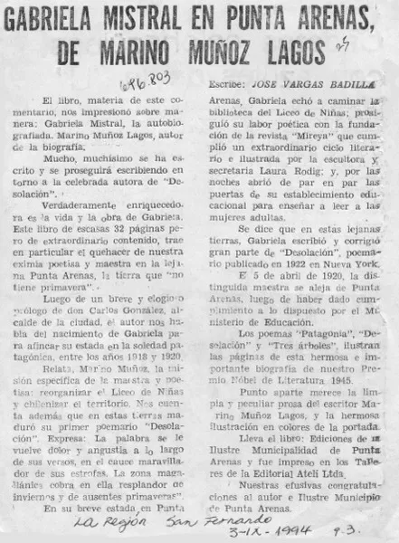 Gabriela Mistral en Punta Arenas, de Marino Muñoz Lagos  [artículo] José Vargas Badilla.
