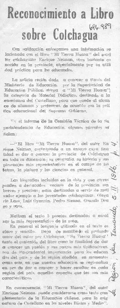 Reconocimiento a libro sobre Colchagua.  [artículo]