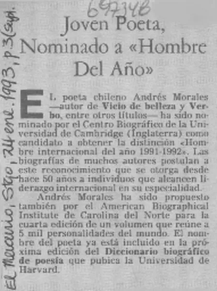 Joven poeta, nominado a "Hombre del año".  [artículo]