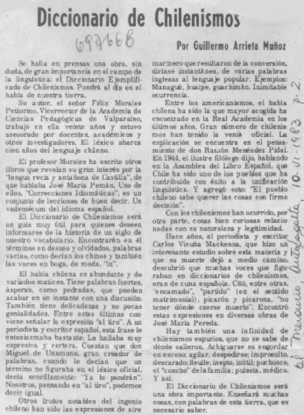 Diccionario de chilenismos  [artículo] Guillermo Arrieta Muñoz.