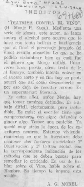 "Diatriba contra el vino"  [artículo] A. G. Morel.