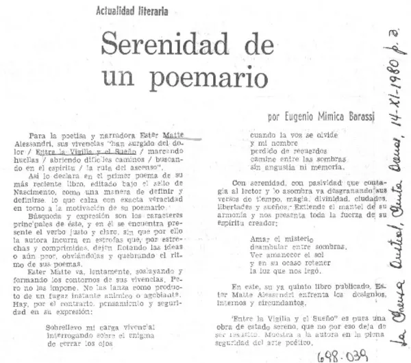 Serenidad de un poemario  [artículo] Eugenio Mimica Barassi.