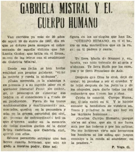 Gabriela Mistral y el cuerpo humano  [artículo] P. Vega G.