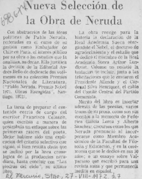Nueva selección de la obra de Neruda.  [artículo]