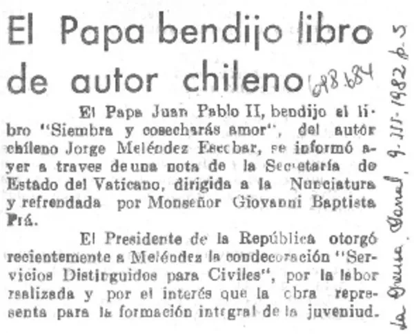 El Papa bendijo libro de autor chileno.  [artículo]