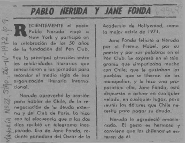 Pablo Neruda y Jane Fonda.  [artículo]