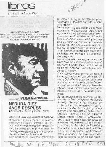 Neruda diez años después  [artículo] Eugenio García-Díaz.