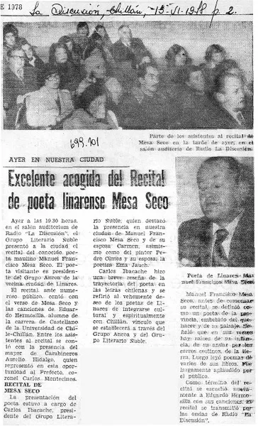 Excelente acogida del recital de poeta linarense Mesa Seco.  [artículo]