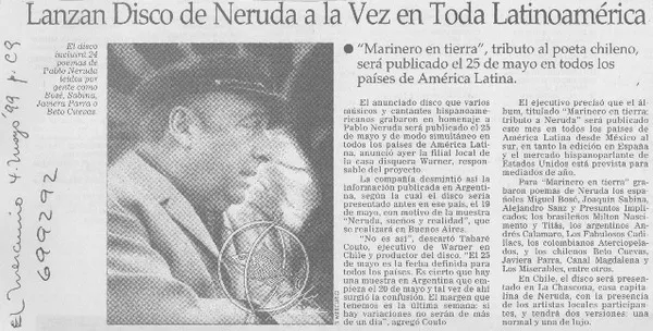 Lanzan disco de Neruda a la vez en toda Latinoamericana.  [artículo]