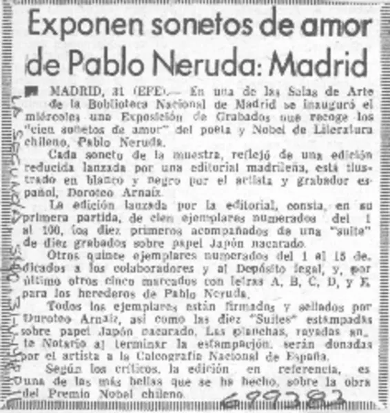 Exponen sonetos de amor de Pablo Neruda, Madrid.  [artículo]