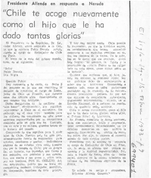 Chile te acoge nuevamente como al hijo que le ha dado tantas glorias".  [artículo]