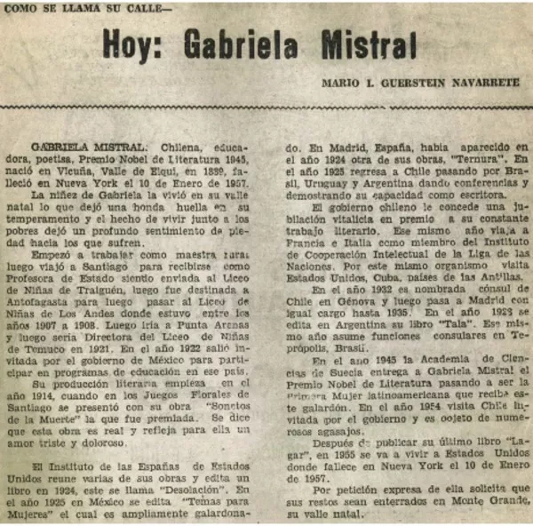 Hoy: Gabriela Mistral  [artículo] Mario I. Guerstein Navarrete.