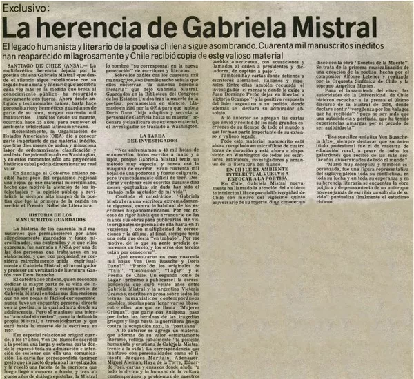 La herencia de Gabriela Mistral.  [artículo]