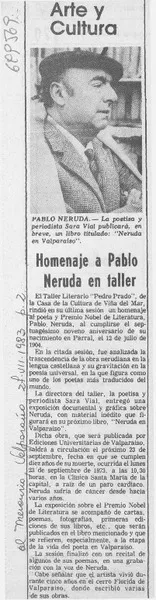 Homenaje a Pablo Neruda en taller.  [artículo]