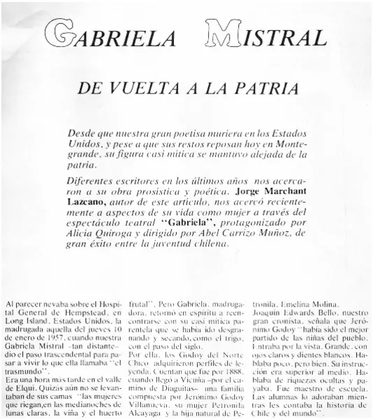 Gabriela Mistral de vuelta a la patria  [artículo] Jorge Marchant Lazcano.