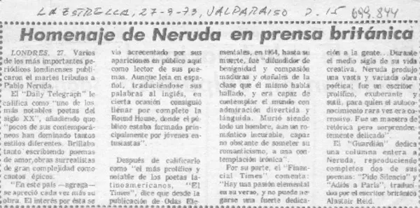 Homenaje de Neruda en prensa británica.  [artículo]