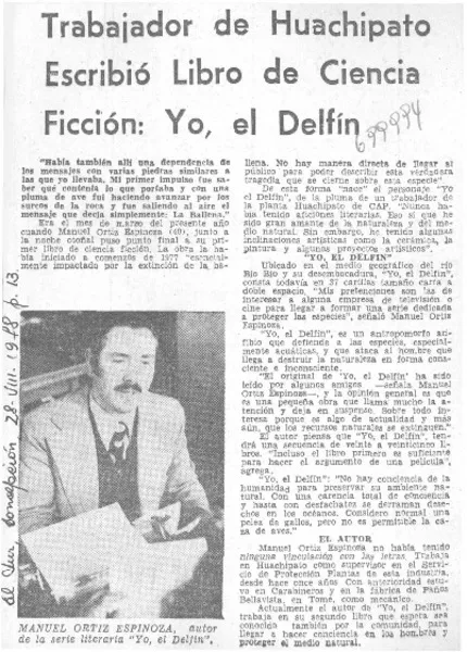 Trabajador de Huachipato escribió libro de ciencia ficción: yo, el delfín.  [artículo]