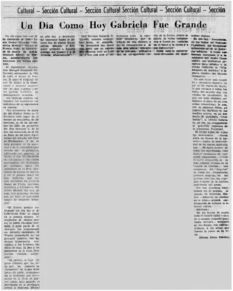 Un día como hoy Gabriela fue grande  [artículo] Alfredo Galaz Jiménez.