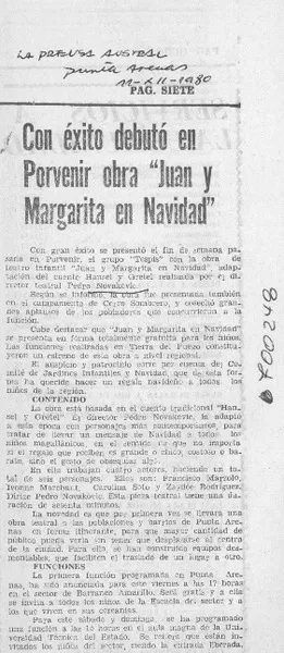 Con éxito debutó en Porvenir obra "Juan y Margarita en Navidad"  [artículo]