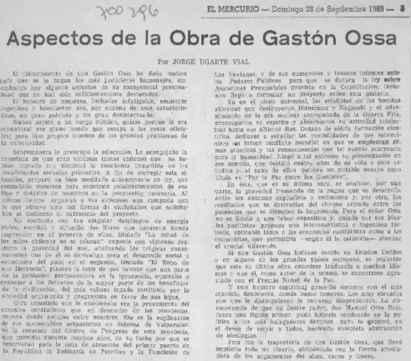 Aspectos de la obra de Gastón Ossa  [artículo] Jorge Ugarte Vial.