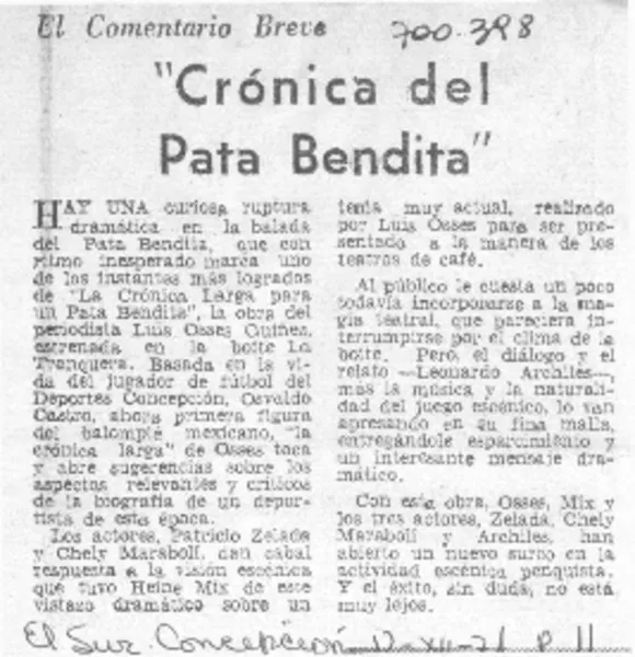 "Crónica del Pata Bendita".  [artículo]