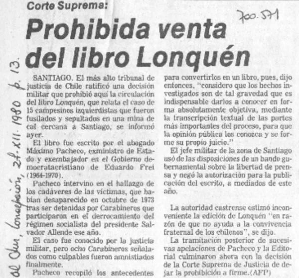 Prohibida venta del libro Lonquén.  [artículo]