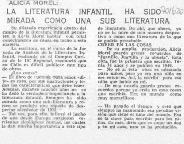 La Literatura infantil ha sido mirada como una sub literatura.  [artículo]