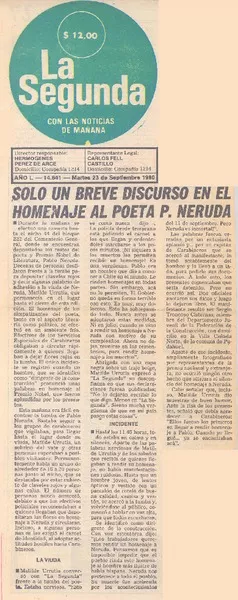 Solo un breve discurso en el homenaje al poeta P. Neruda.  [artículo]