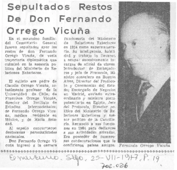 Sepultados restos de Don Fernando Orrego Vicuña.  [artículo]