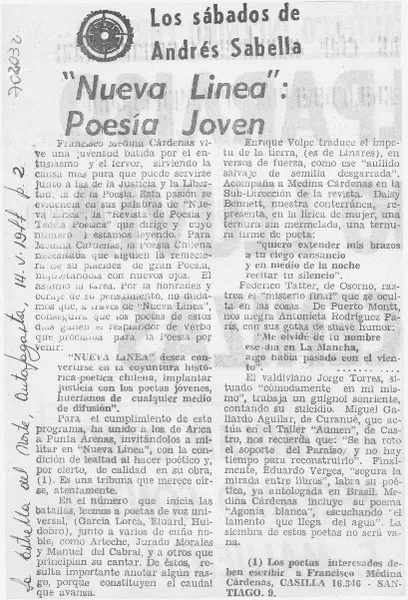 "Nueva línea": poesía joven  [artículo] Andrés Sabella.