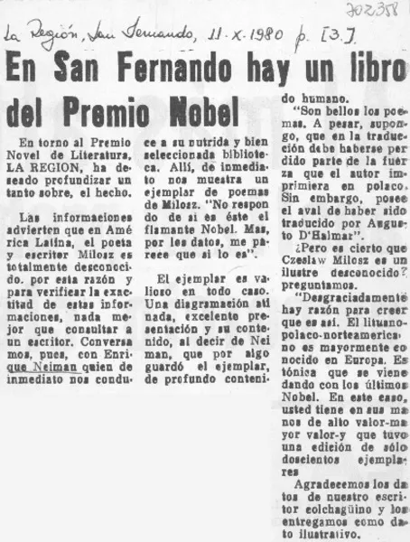 En San Fernando hay un libro del Premio Nobel.  [artículo]