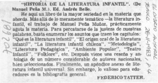 Historia de la literatura infantil"  [artículo] Federico Tatter.