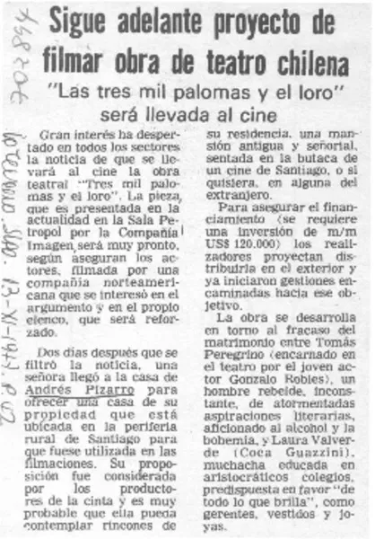 Sigue adelante proyecto de filmar obra de teatro chilena.  [artículo]