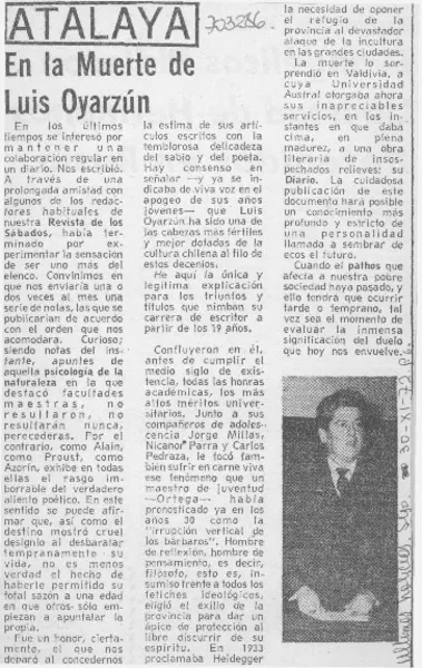 En la muerte de Luis Oyarzún.  [artículo]