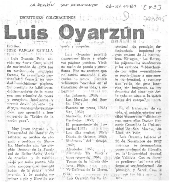 Luis Oyarzún  [artículo] José Vargas Badilla.