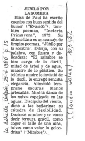 Júbilo por la sombra  [artículo] Claudio Solar.