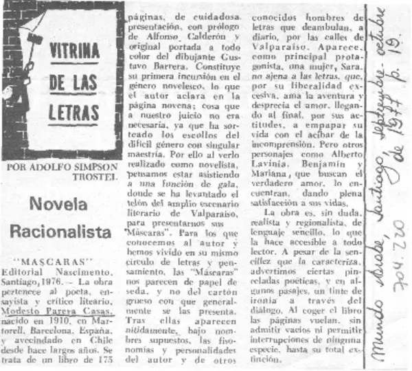 Novela racionalista  [artículo] Adolfo Simpson Trostel.