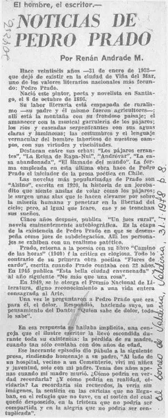 Noticias de Pedro Prado  [artículo] Renán Andrade M.