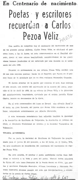 Poetas y escritores recuerdan a Carlos Pezoa Véliz.  [artículo]