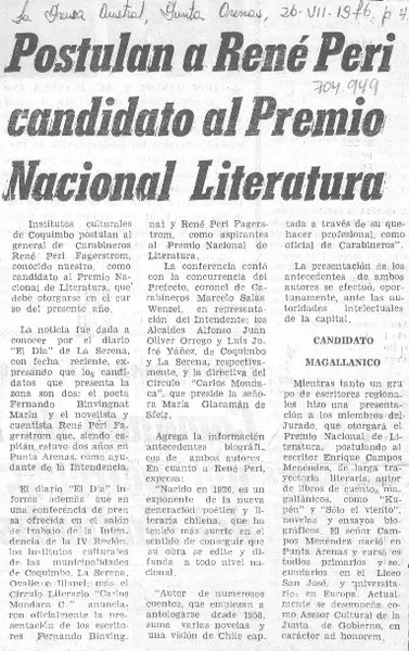 Postulan a René Peri candidato al Premio Nacional Literatura.  [artículo]