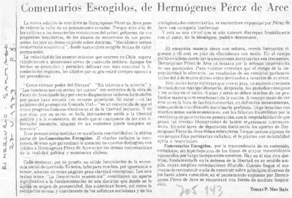 Comentarios escogidos, de Hermógenes Pérez de Arce  [artículo] Tomás P. Mac Hale.
