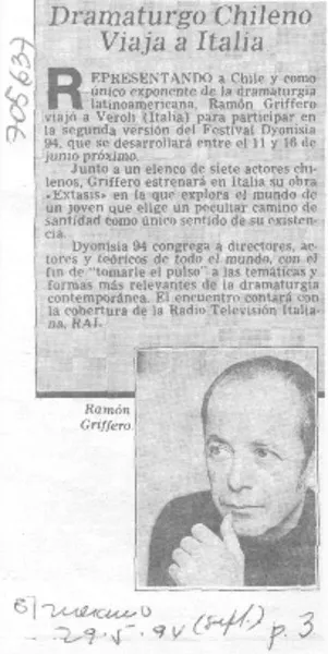 Dramaturgo chileno viaja a Italia.  [artículo]
