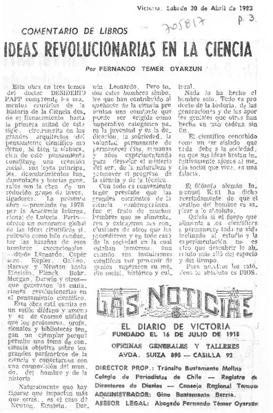 Ideas revolucionarias en la ciencia  [artículo] Fernando Temer Oyarzún.