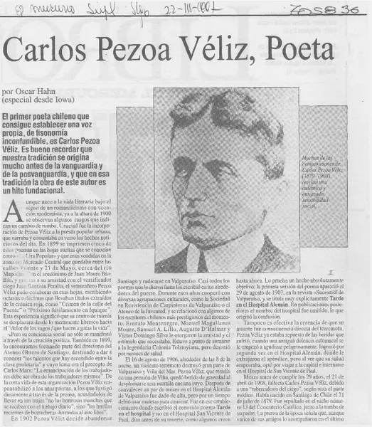 Carlos Pezoa Véliz, poeta de --  [artículo] Oscar Hahn.