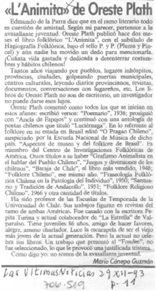 "L'Animita" de Oreste Plath  [artículo] Mario Cánepa Guzmán.