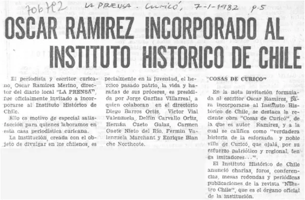 Oscar Ramírez incorporado al Instituto Histórico de Chile.  [artículo]