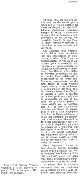 Arturo Prat Chacón: "Observaciones a la lei electoral vijente".  [artículo]