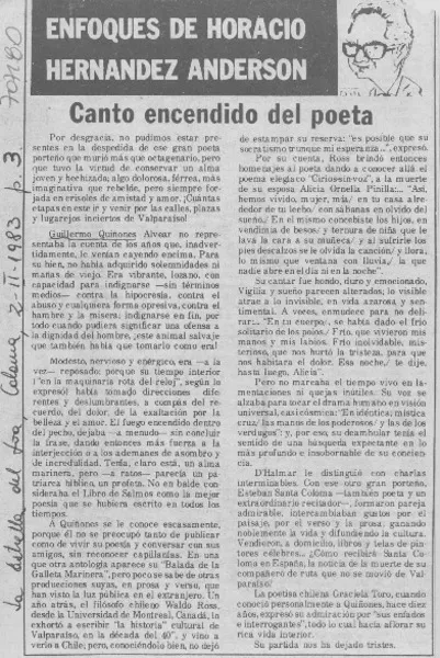 Canto encendido del poeta.  [artículo] Horacio Hernánadez Anderson.