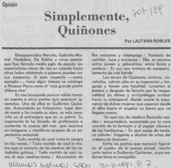 Simplemente, Quiñones  [artículo] Lautaro Robles.